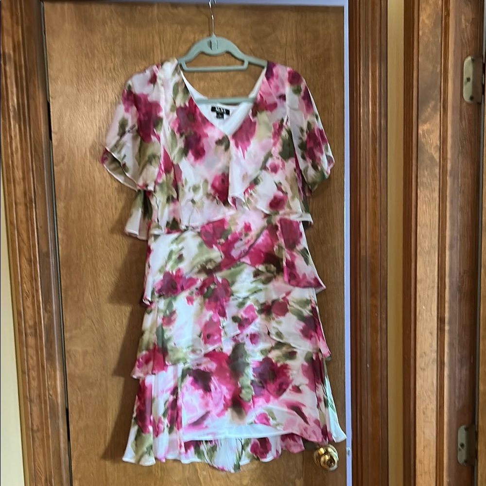 SLNY Pink and Green Floral Dress